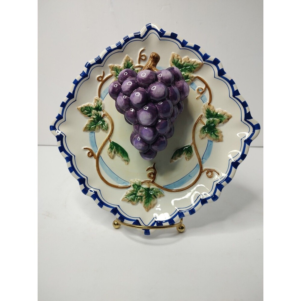 Bella Casa by Ganz Grape Decorative Plate Rounded Square Hanging Plate 8" 3D